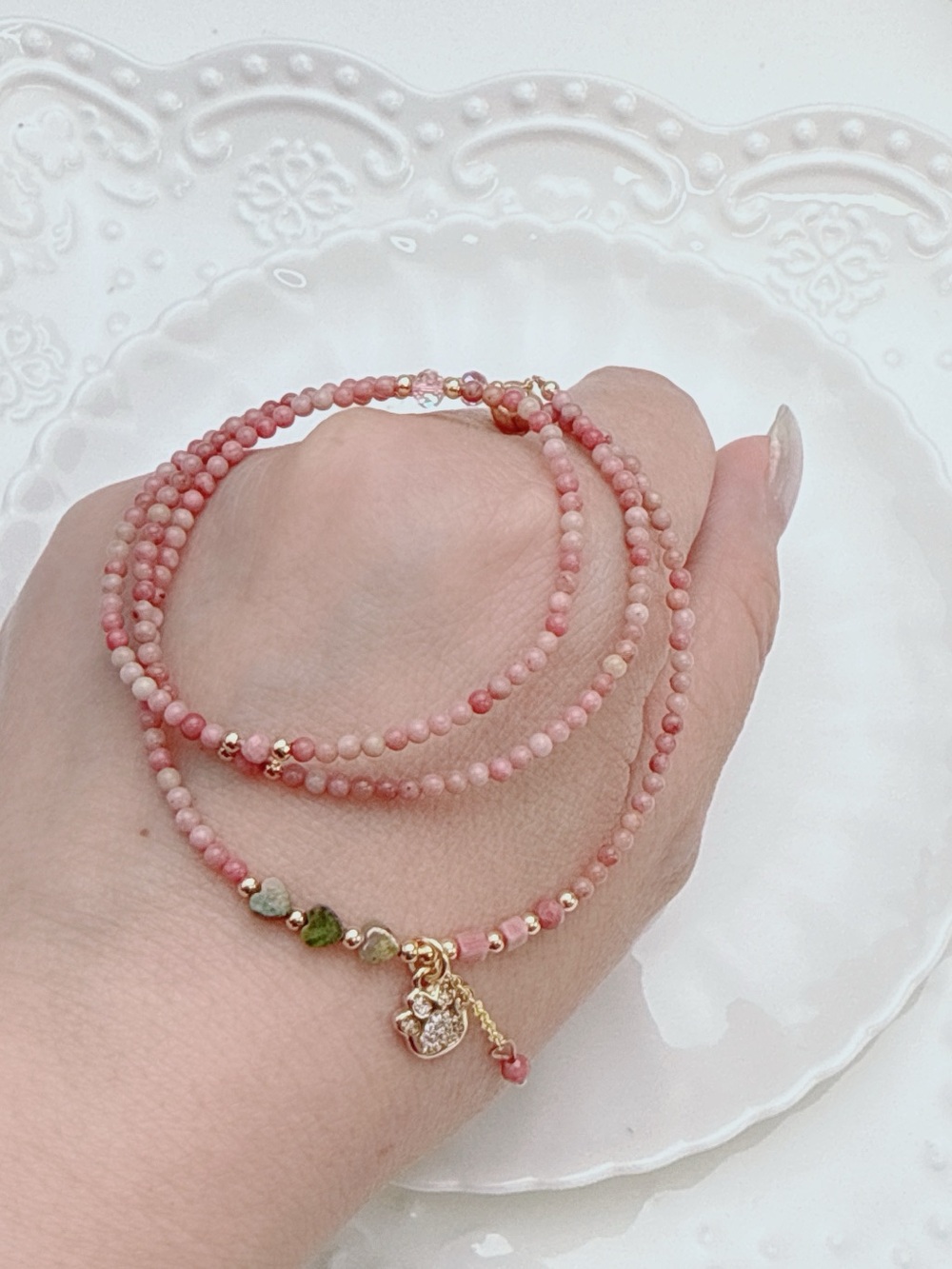 GB95 Handmade Pink Rhodonite Triple Layer Bracelet Necklace 2in1 20+5” - Picture 5 of 6